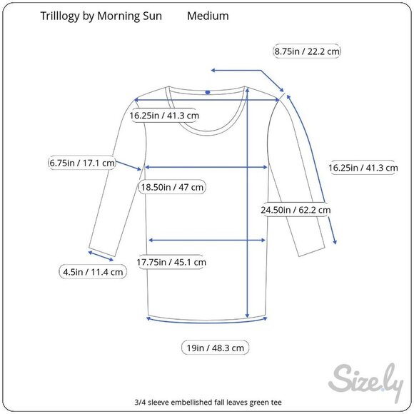 Teal Green Embellished Leaf Pattern 3/4 Sleeve Top Trilogy By Morning Sun M - Picture 8 of 8